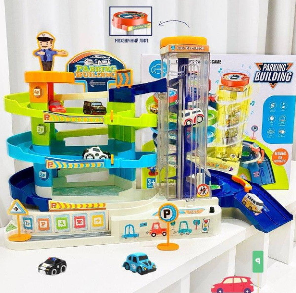 Гараж 3 поверхи, ліфт, музика, світло, транспорт, дорожні знаки, на бат, в кор. 31*27,5*13,5см (8шт), фото 1