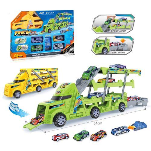 Трейлер 51 см, 3 в 1 (трек, гараж), машинка 4 шт., машинка-запуск, 2 кольорі, в кор. 35,5*23*7,5см (30 шт.), фото 1