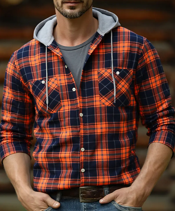 ​​​​​​​Чоловіча сорочка фланелєва з капюшоном у клітинку Orange XL, фото 1