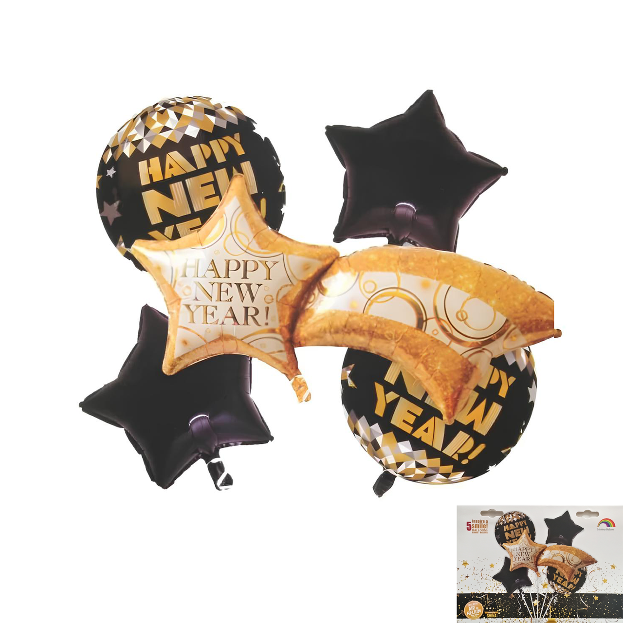 Фонтан із кульок у наборі Happy New Year з кометою (5 кульок) | Різдво