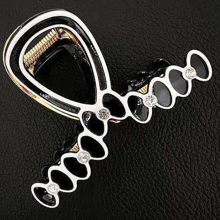 Краб для волос металлический золотистый черно белого цвета с бантиками и голубыми стразами длина 5 см ширина 8 см, фото 1