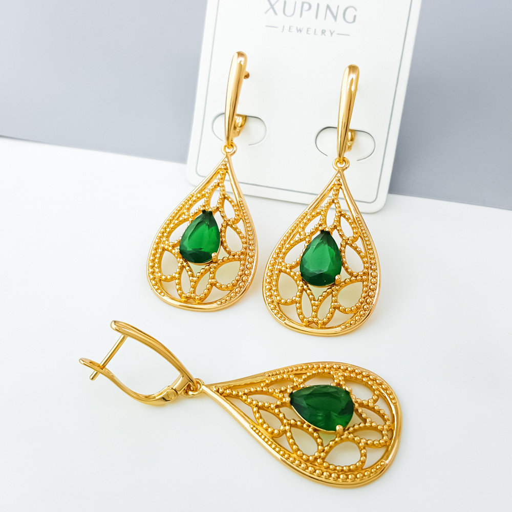 Сережки Величне століття з зеленим цирконієм; англ.замок; медзолото Xuping 18К, фото 1