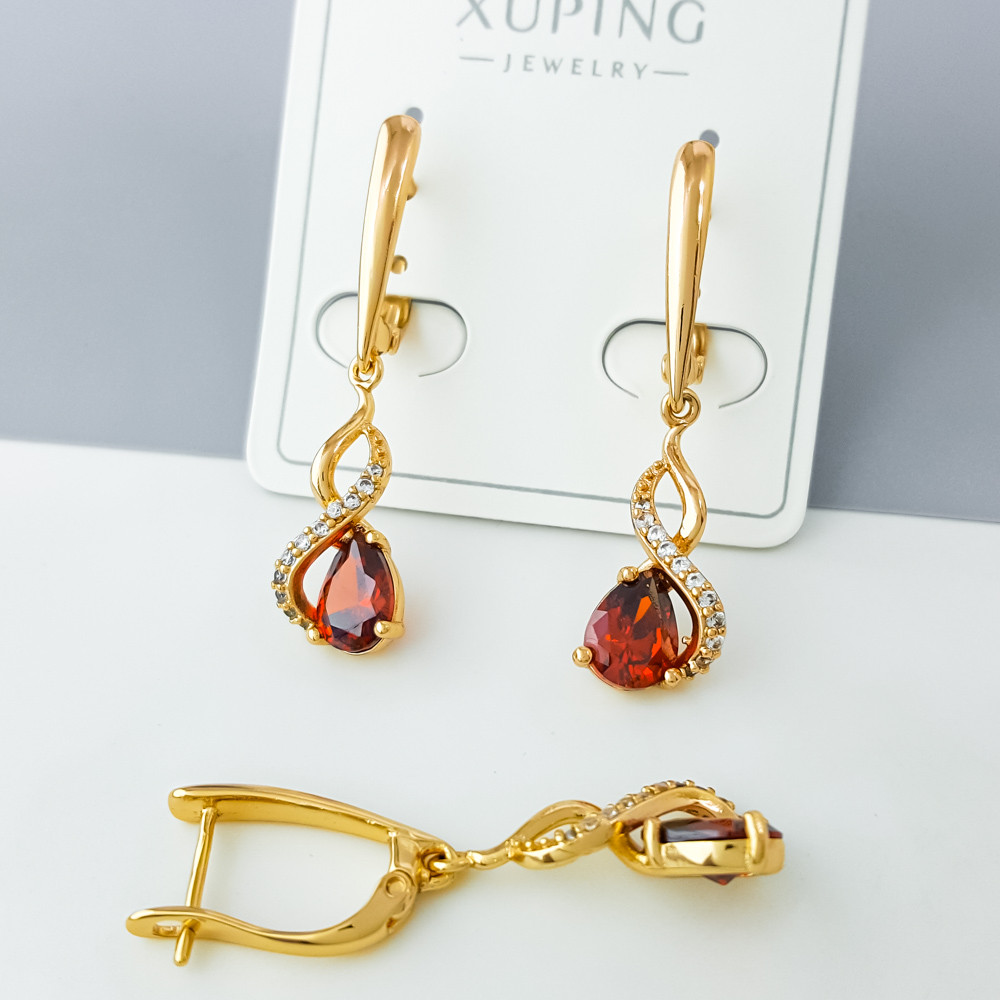 Сережки Крапелька з червоним цирконієм, англ.замок; медичне золото Xuping 18К, фото 1