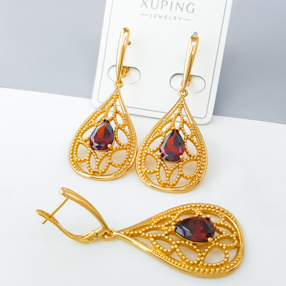 Сережки Величне століття з червоним цирконієм, англ.замок; медичне золото Xuping 18К, фото 1