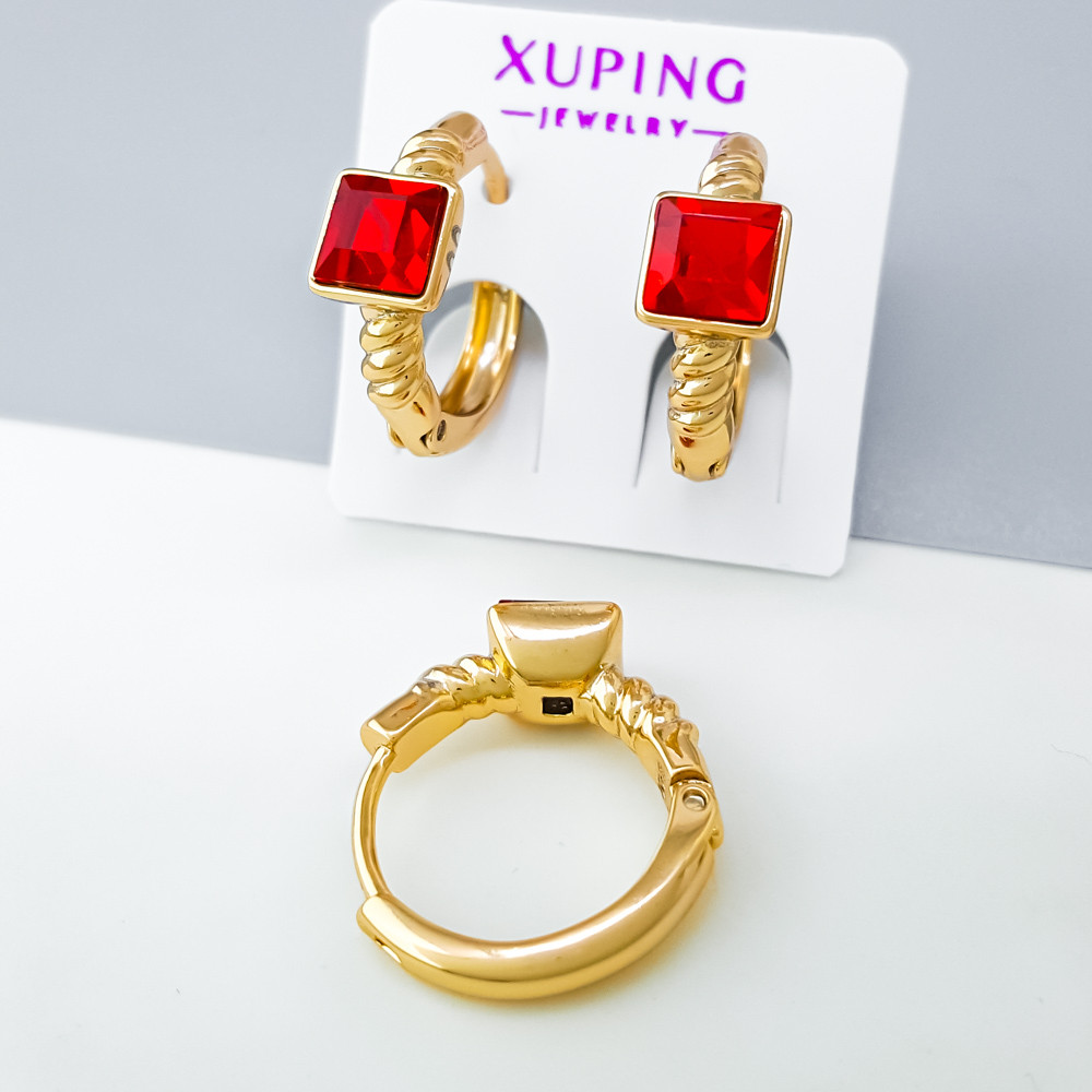 Сережки Квадрат з червоним цирконієм Swarovski; медичне золото Xuping 18К, фото 1