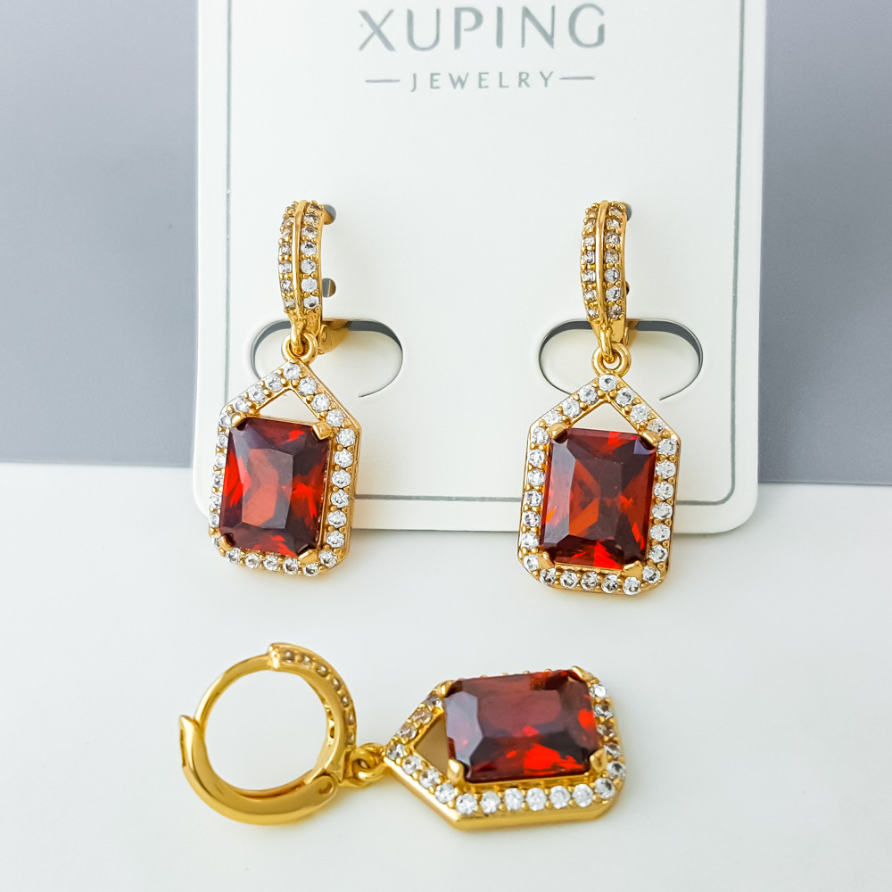 Сережки Смарагд з червоним цирконієм; медичне золото Xuping 18К, фото 1