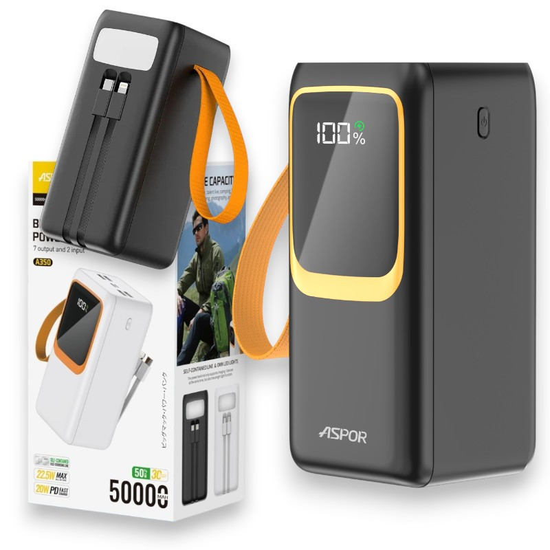 УМБ Power Bank Aspor A350 50000 mAh 22.5W Павербанк з ліхтариком, швидкою зарядкою QC3.0, вбудованими кабелями Type-C і Lightning, фото 1