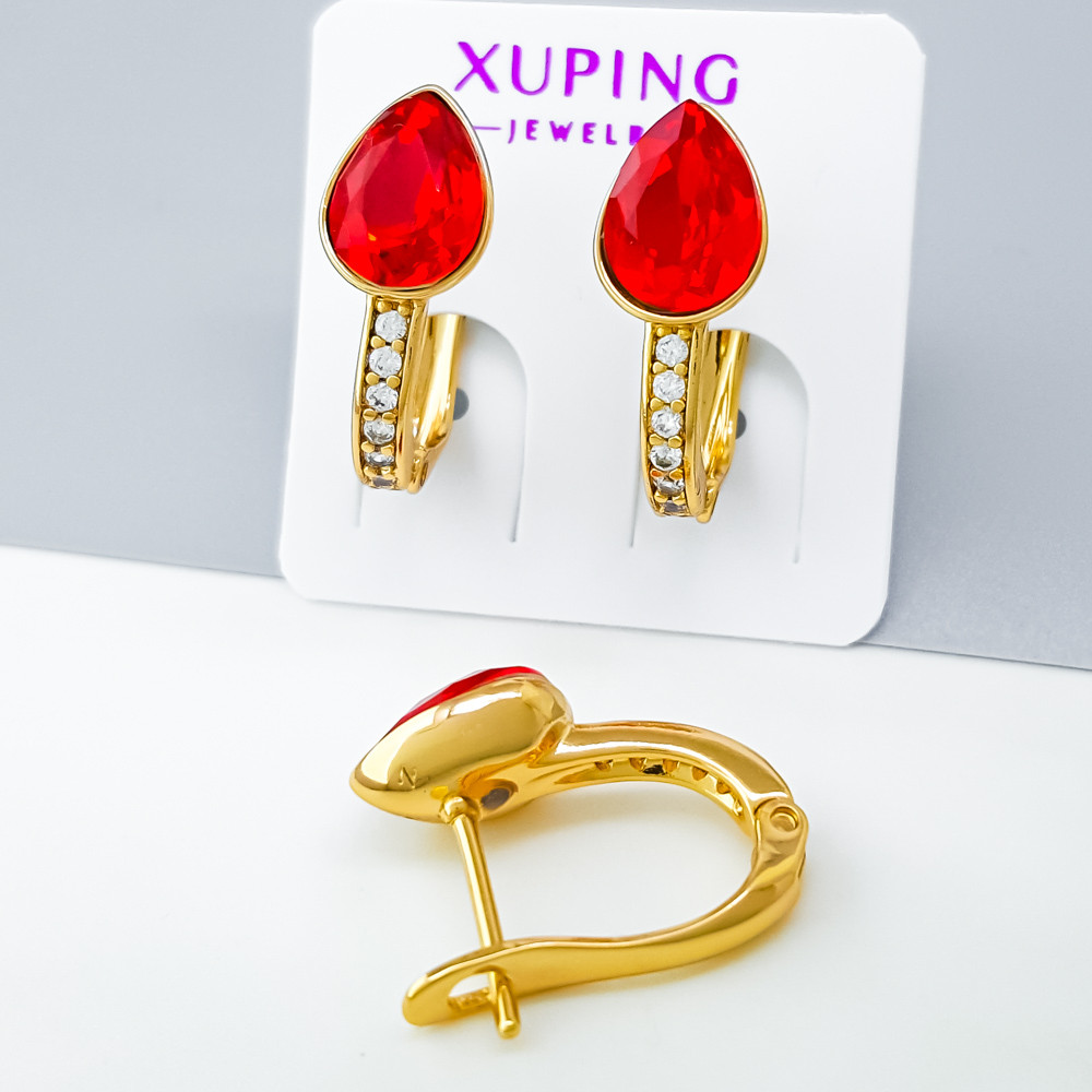 Сережки Груша з червоним цирконієм Swarovski, англ.замок; медичне золото Xuping 18К, фото 1