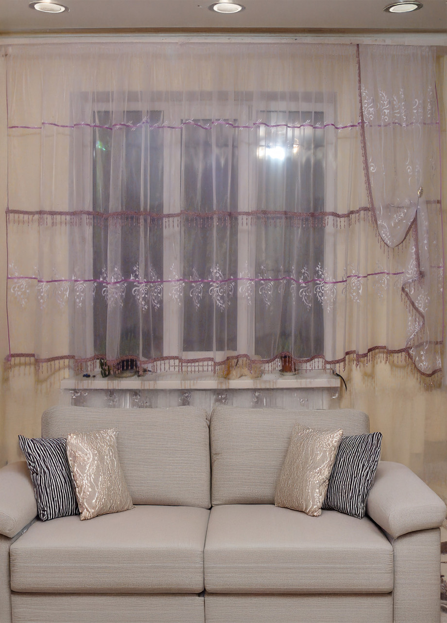 Комплект тюль зі шторкою до підвіконня Firanka Damask карниз 300см білий з фіолетовим (90_1к), фото 1