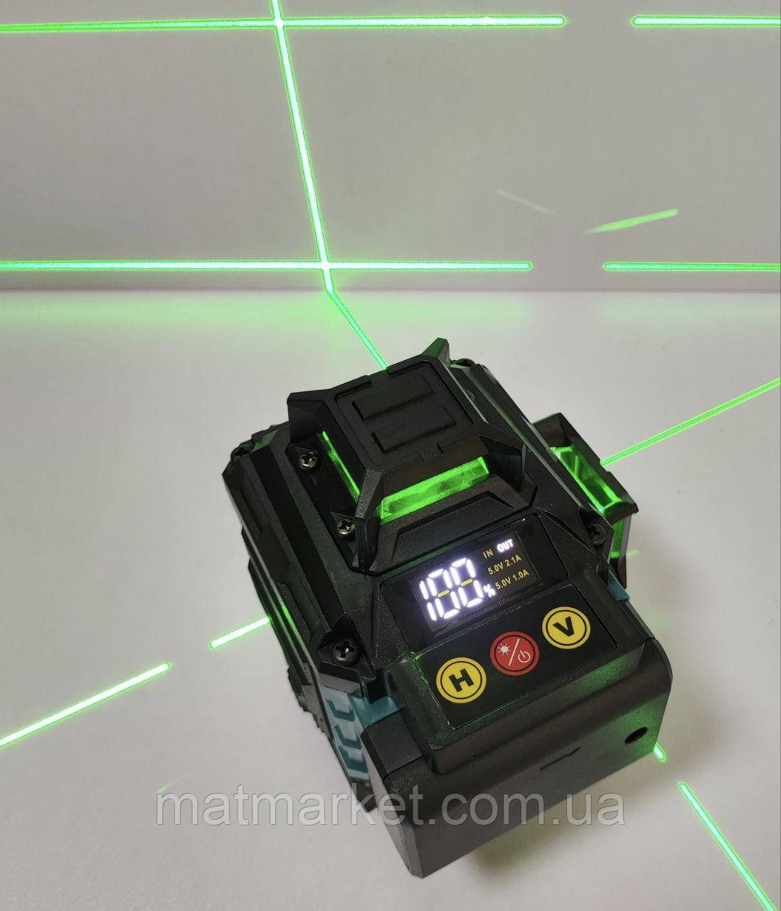 Лазерний рівень, нівелір 4D 16 ліній 360° + штатив, 2 акумулятори, дисплей, пульт, кейс., фото 1