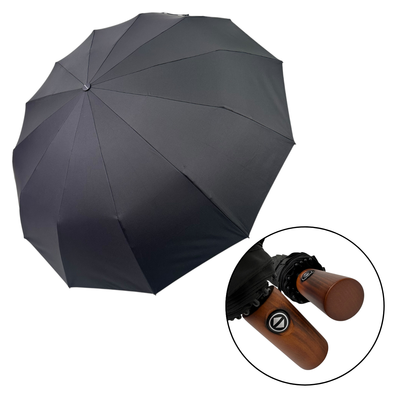 Оптом Чоловіча складна парасоля автомат на 12 карбонових спиць із дерев'яною ручкою, чорний, WT180, фото 1