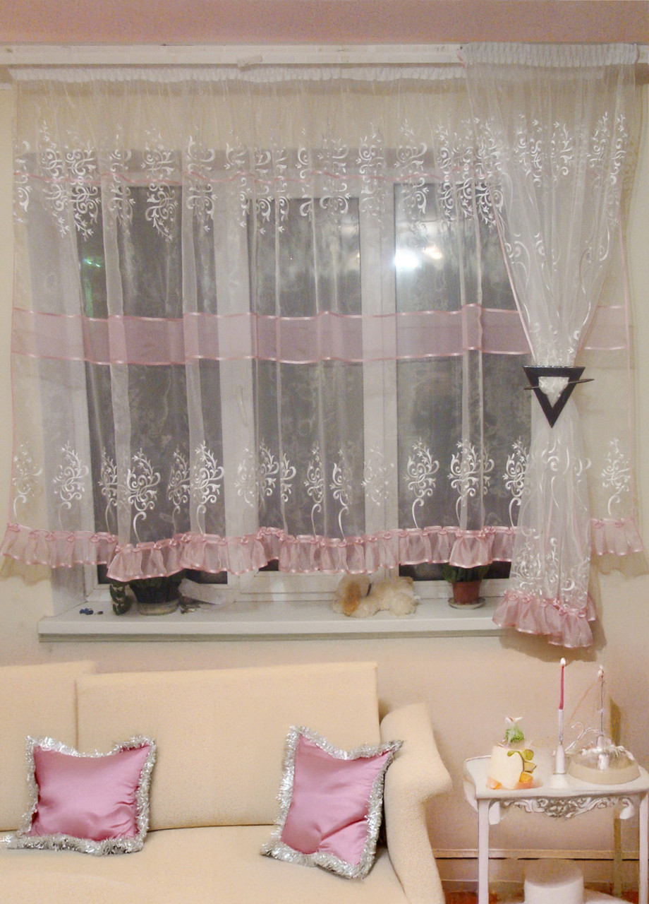 Комплект тюль зі шторкою до підвіконня Firanka Damask карниз 200см білий з з рожевою оборкою (90_2к), фото 1