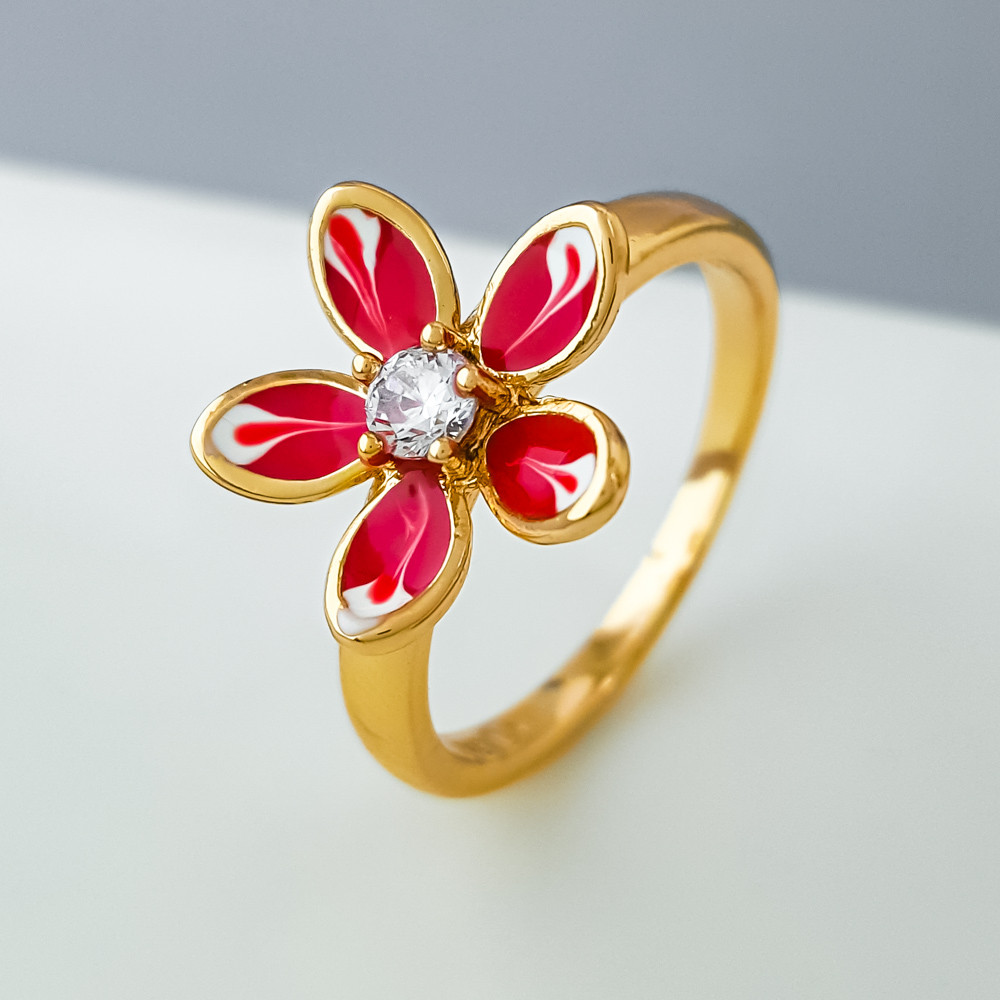 Кільце Квітка з рожевою емаллю і цирконієм; р.16.5; р.17.5; р.18; медичне золото Xuping 18K, фото 1