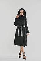 Дублянка натуральна жіноча укорочена з капюшоном з в'язкою чорна Punto