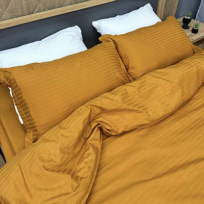 Комплект постільної білизни Страйп-сатин Двоспальний 180х220 з простирадлом на резинці 160х200х25 Гірчичний (88-181)