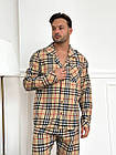Тепла чоловіча піжама брюки та сорочка в клітку бежева Чоловічий одяг для сну та дома піжамний комплект на гудзиках, фото 4