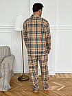 Тепла чоловіча піжама брюки та сорочка в клітку бежева Чоловічий одяг для сну та дома піжамний комплект на гудзиках, фото 3