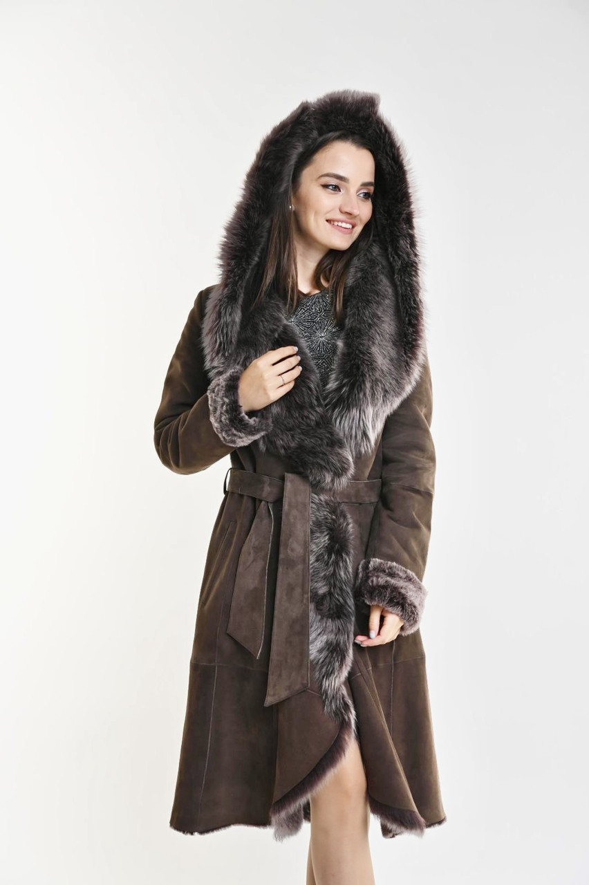 Дублянка натуральна жіноча тоскана довга з капюшоном колір кашемір на запах, фото 1