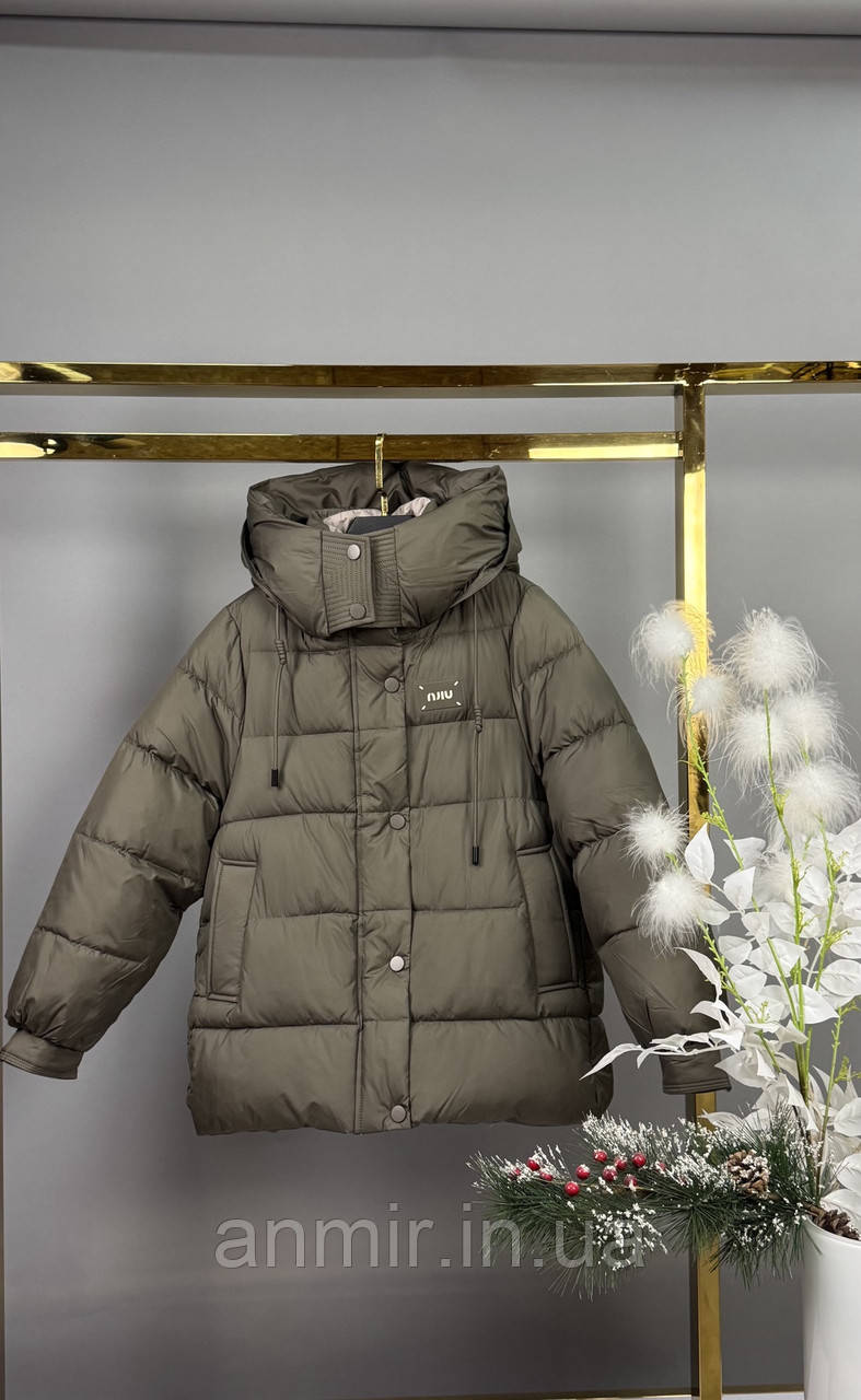 Зимова куртка підліткова стьобана ЛОГОТИП для дівчинки 9-14 років, колір хакі