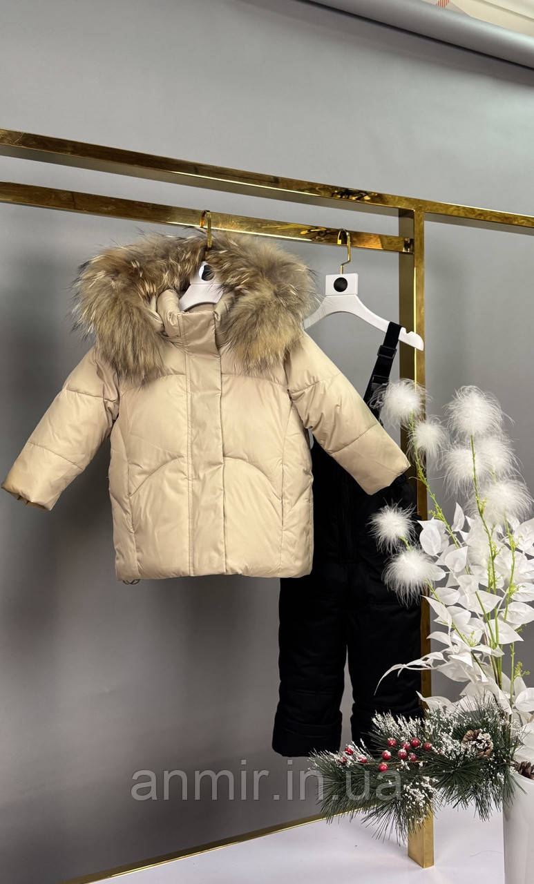 Комбінезон дитячий зимовий із курткою+хутро для дівчинки 80-104 см, бежевий із чорним, фото 1