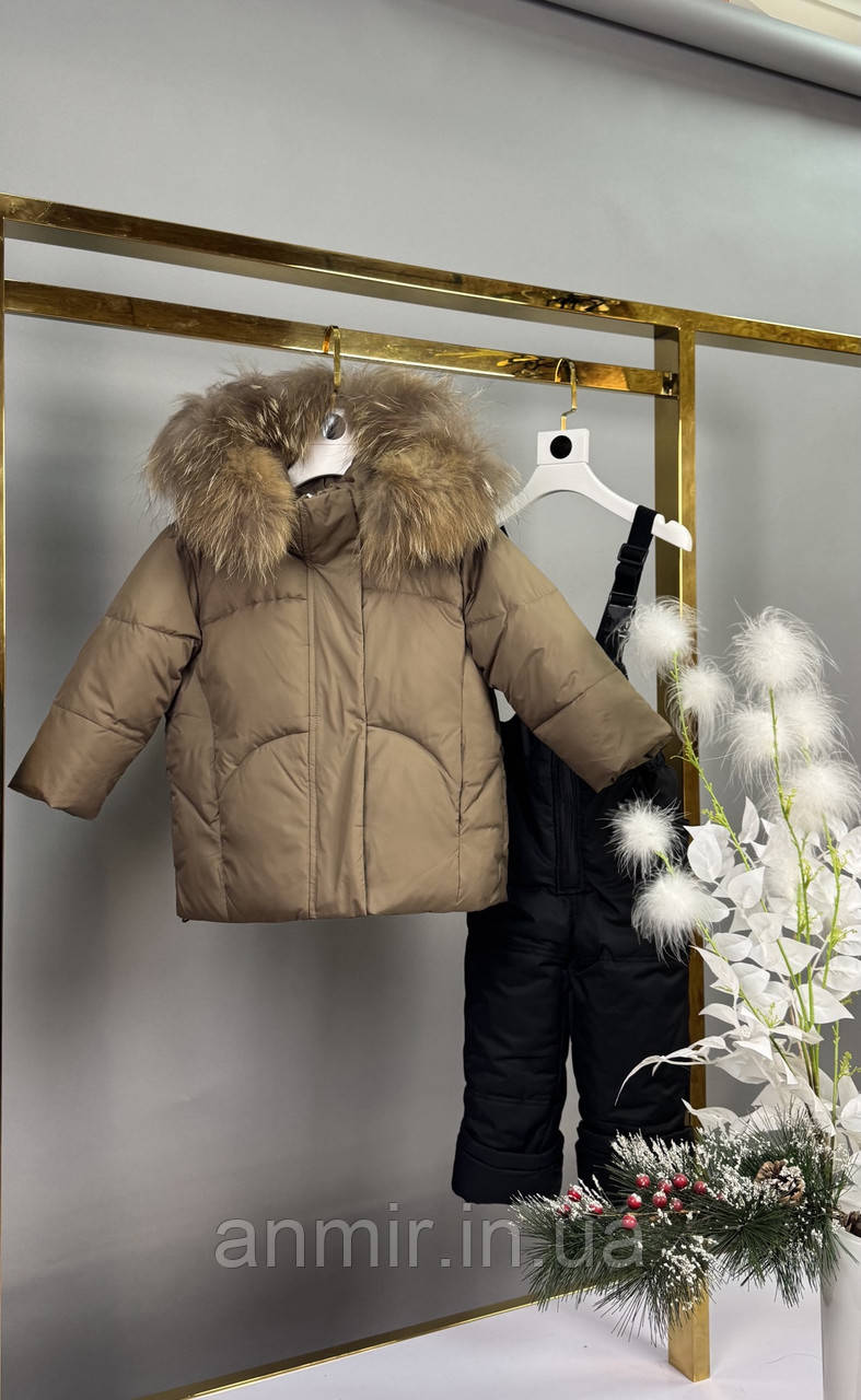 Комбінезон дитячий зимовий із курткою+хутро для дівчинки 80-104 см, коричневий із чорним, фото 1