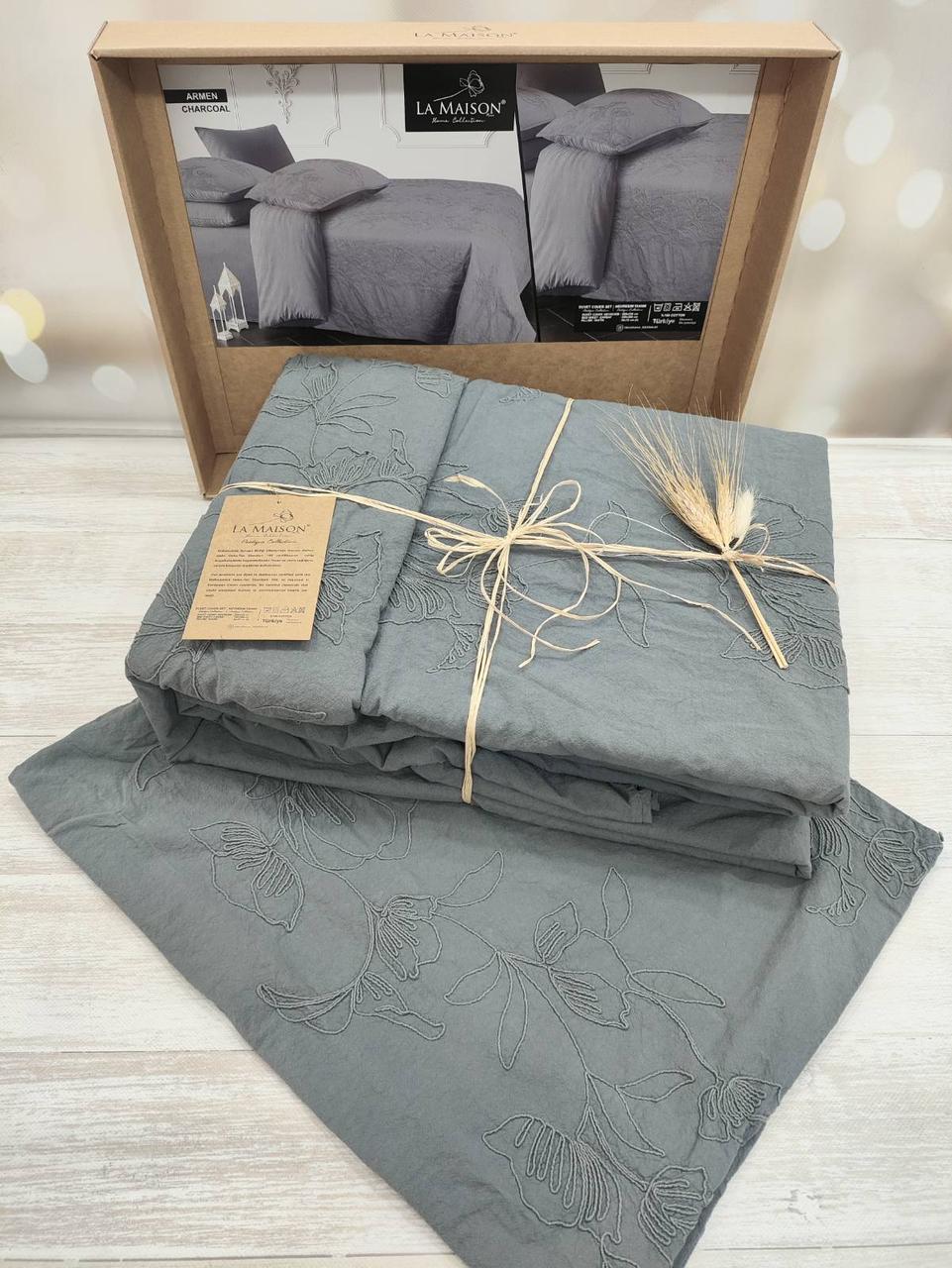 Постільна білизна La Maison варена бавовна жакард євро розмір сіра, фото 1