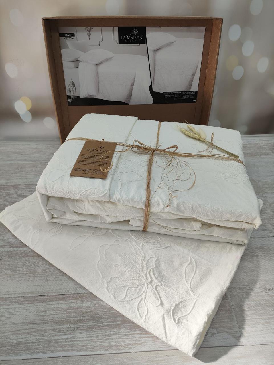 Постільна білизна La Maison варена бавовна жакард євро розмір біла, фото 1