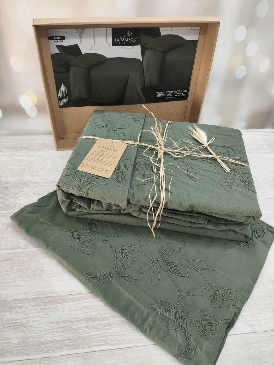 Постільна білизна La Maison варена бавовна жакард євро розмір оливкова, фото 1