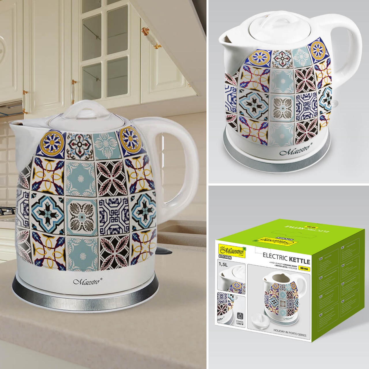 Електричний чайник Maestro MR-066-PORTO, 1.5 л, 1200 Вт, керамічний корпус, індикатор рівня води, авто вимкнення, фото 1