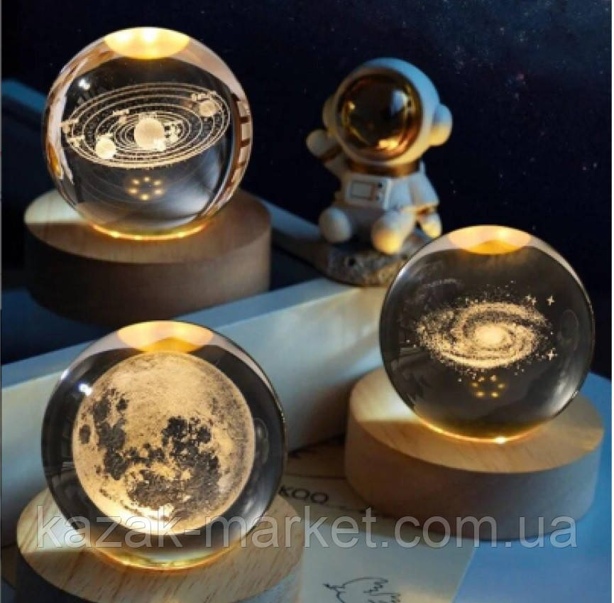 Декоративний акриловий нічник кришталевий 3D куля тепле світло 6см космос від USB, фото 1