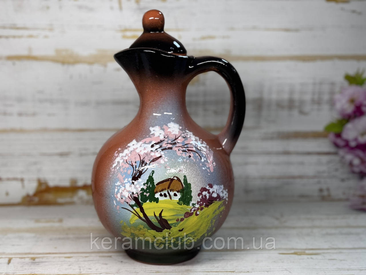 Глиняний штоф 2 л Весна з малюнком ручної роботи