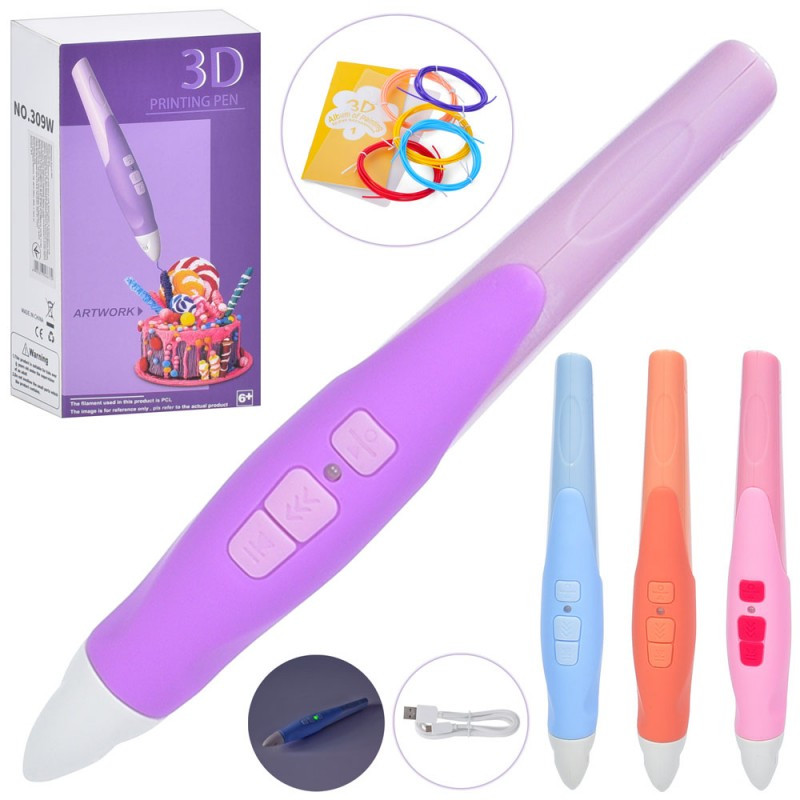 3D-ручка 309W, 19 см, 4 кольори, тип філаменту (пластик)-PCL, USB-шнур, фото 1