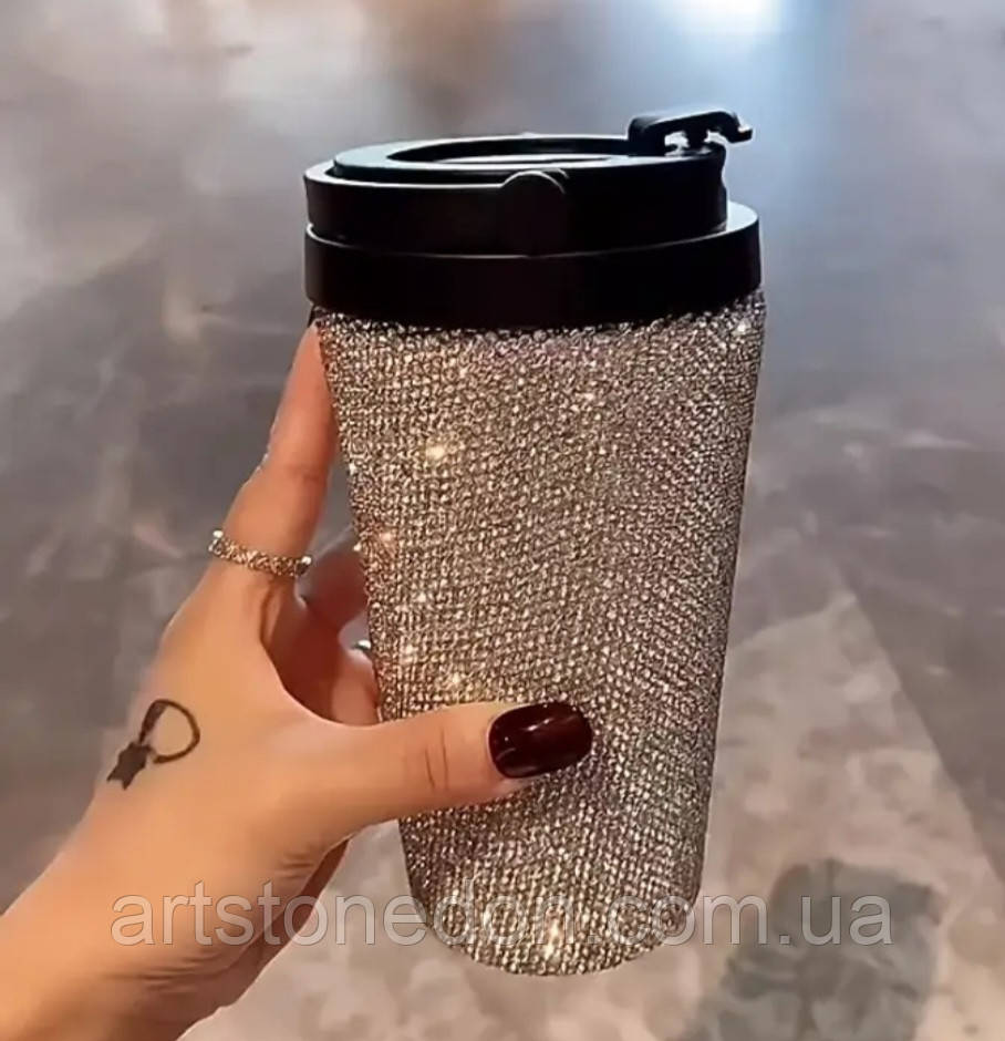 Блискучий подорожній келих з нержавіючої сталі зі стразами, фото 1