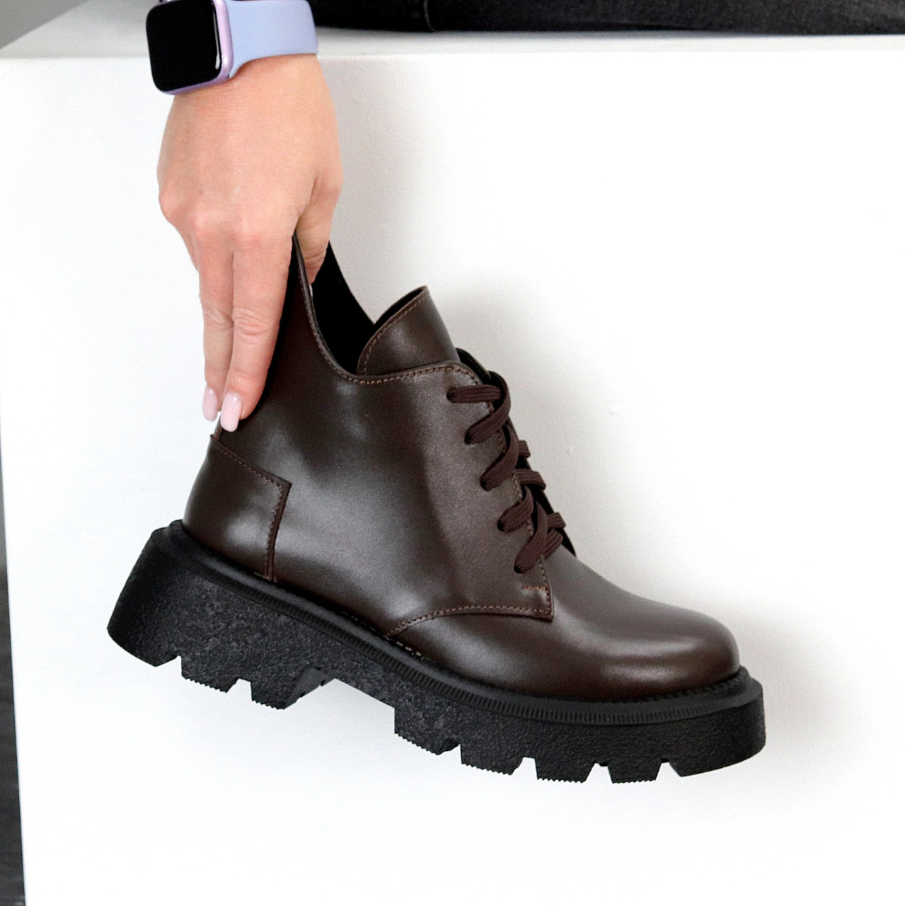 Круті асиметричні черевики на флісі натуральна шкіра колір Шоколад, фото 1