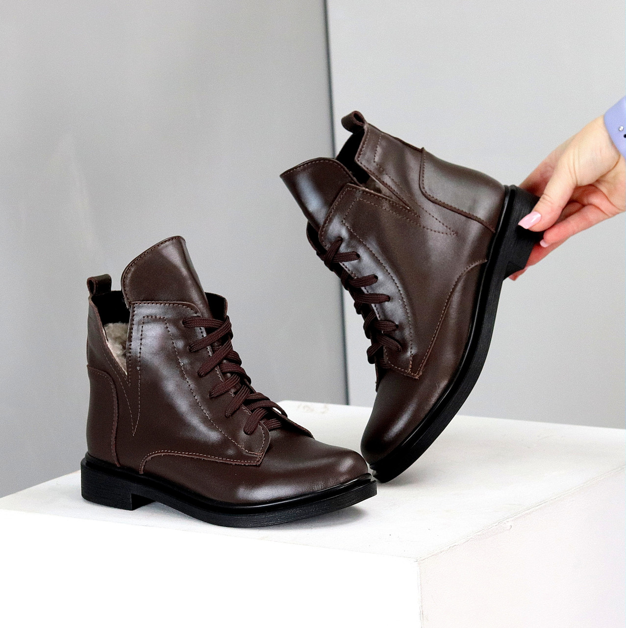 Дизайнерські зимові черевики колір Шоколад натуральна шкіра низький хід, фото 1