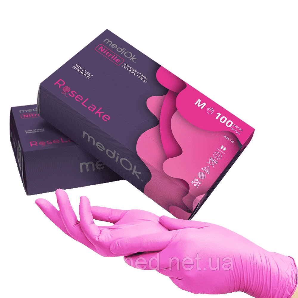 Рукавички нітрилові без пудри, текстуровані Nitrile Rose Lake (50 пар) р. М, рожеві, 3.5 гр Mediok, фото 1