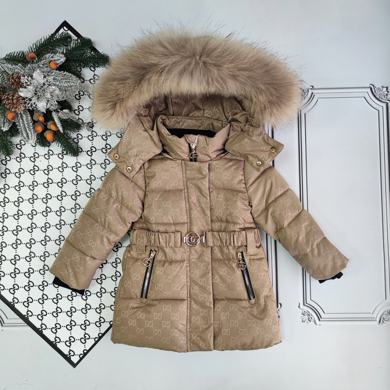 Дитяча подовжена зимова куртка Гуччі для дівчинки, куртка з поясом, фото 1