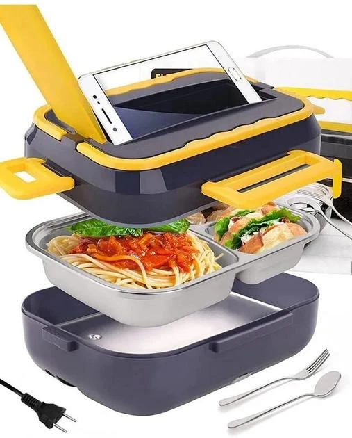 Ланчбокс електричний 1.5 л 220 V 12 V з підігрівом і знімною неіржавкою чашею з 3 відсіками, фото 1