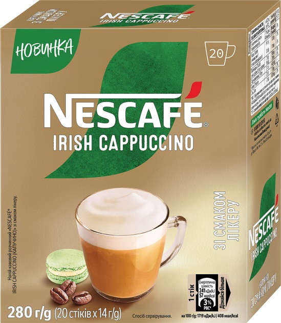 Кава 3 в 1 Nescafe Irish Cappuccino з ірландським лікером 20 стиків, фото 1