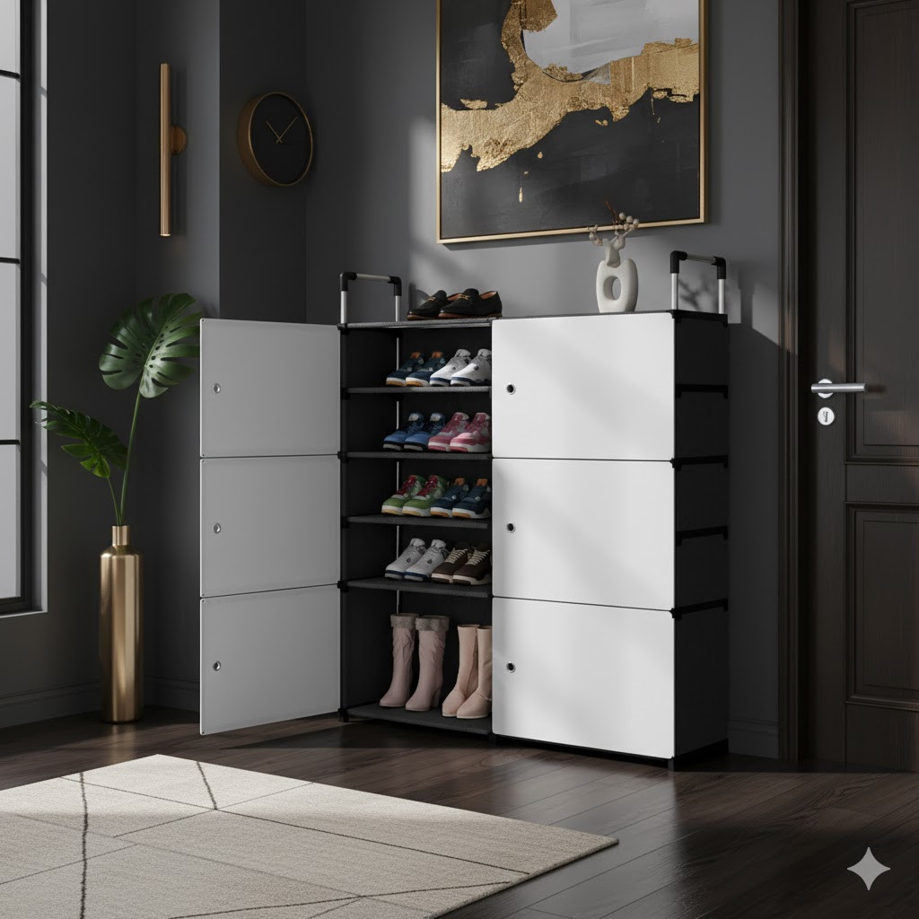 Полиця для взуття закрита AND LY-1046, 6 дверцят, 5 рівнів, 81×29×110 см, чорна з матовими дверцятами, фото 1