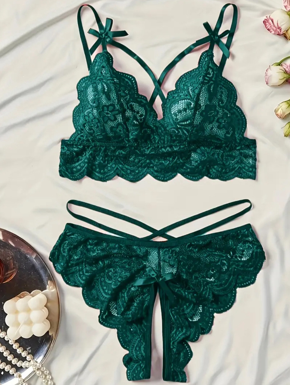 Мереживний комплект з відкритим доступом (р.XL, зелений)