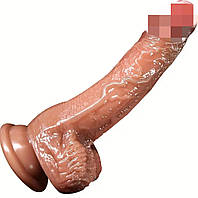 Фалоімітатор на присосці з мошонкою 19 см, реалістичний силіконовий ділдо з венами, фалос для анальної та вагінальної стимуляції