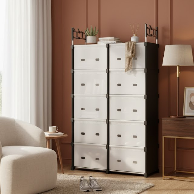 Органайзер для взуття та одягу AND LY-1048, модульний пластиковий стелаж із металевим каркасом, чорний з білими дверцятами, фото 1