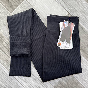 Лосини жіночі термо безшовні бавовна рубчик на хутрі Ластівка, розмір 42-48, чорні, 513-1