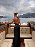 Черное платье атласное макси с кружевом вечерняя / слип дресс