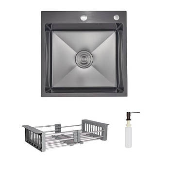 Комплект Lidz Handmade H5050HB Мийка для кухні інтегрована Decor Black PVD Honeycomb у комплекті з дозатором+ Lidz K01G