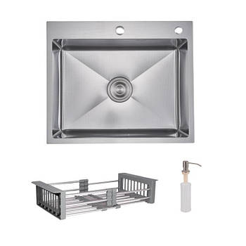 Комплект Lidz Handmade H6050H Мийка для кухні інтегрована Decor Honeycomb у комплекті з дозатором + Lidz K01G Кошик для