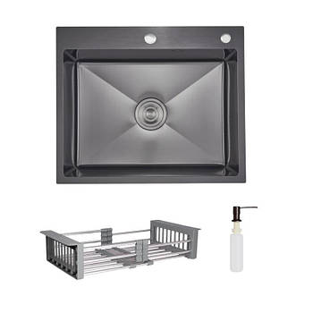 Комплект Lidz Handmade H6050HB Мийка для кухні інтегрована Decor Black PVD Honeycomb у комплекті з дозатором+ Lidz K01G
