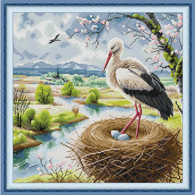Набір для вишивання за нанесеною на канву схемою "The Happy Crane". AIDA 14CT printed , 34*34 см, фото 1