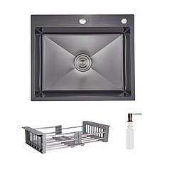 Комплект Lidz Handmade H6050HB Мийка для кухні інтегрована Decor Black PVD Honeycomb у комплекті з дозатором + Lidz K01G Корзина